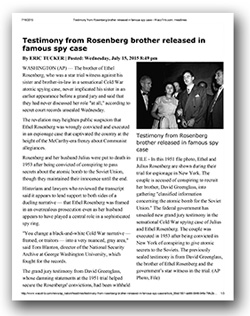 Testimony from Rosenberg brother released in famous spy case