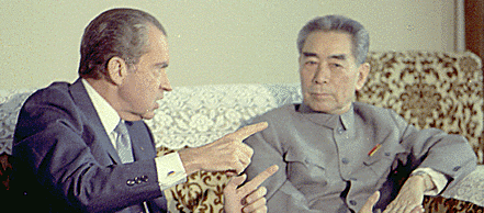 President Richard Nixon and Premier Zhou Enlai

chat in the Guest House upon Nixon's arrival in Bejing on February 21, 

1972 (Nixon Presidential Materials Project/National

Archives).