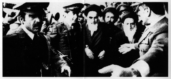 Ayatollah Khomeini escorted by military officers upon his return to Iran.